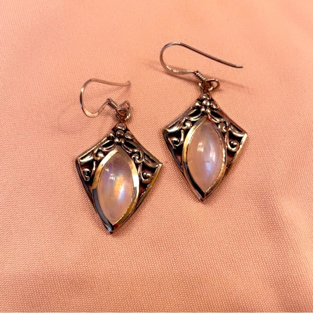 Sterling Silver Genuine Moonstone Dangle Earrings - Picture 2 of 5